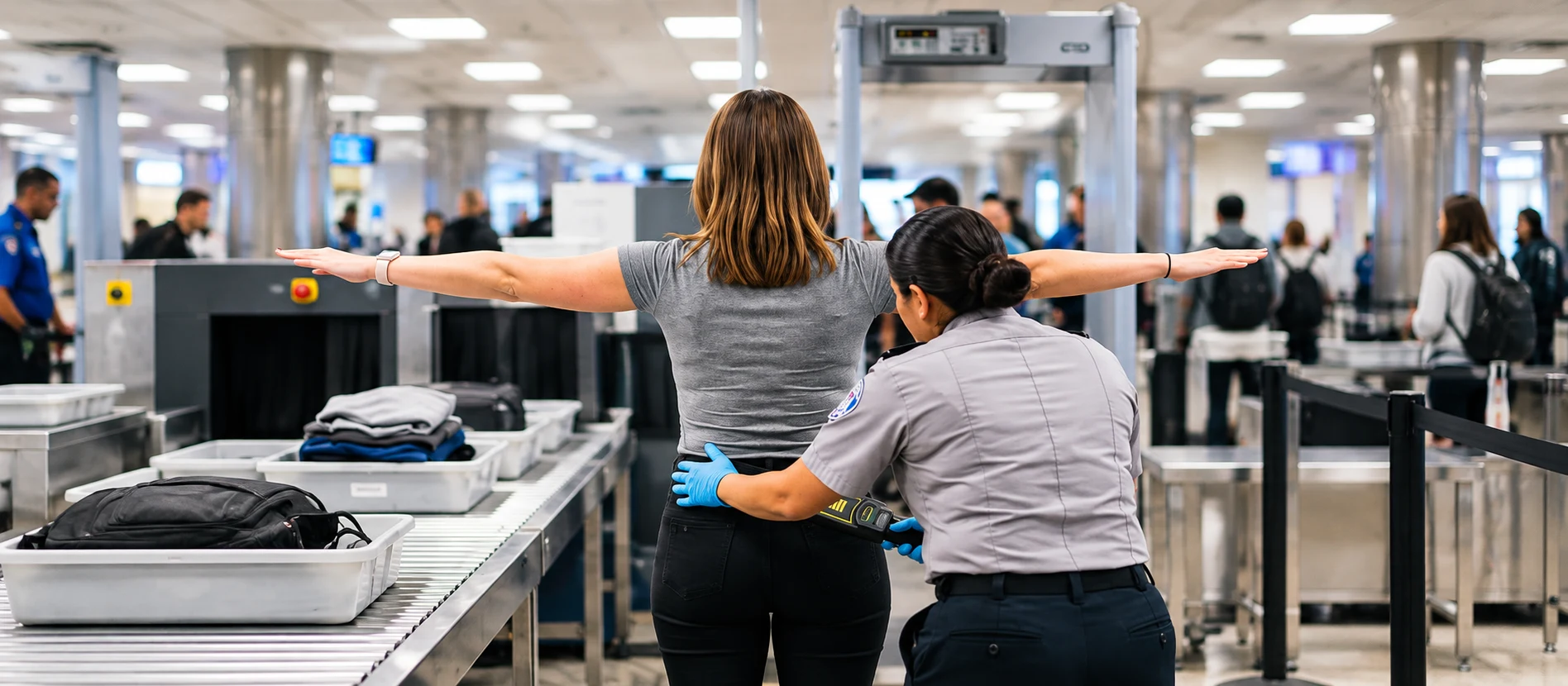 Woman undergoing a routine airport security check by a female screening officer