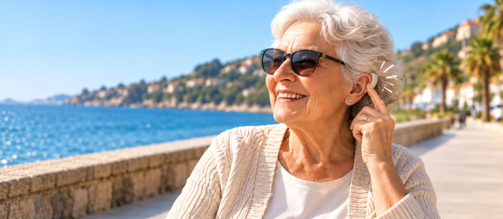 Woman using a mobility scooter on a sunny coastal promenade