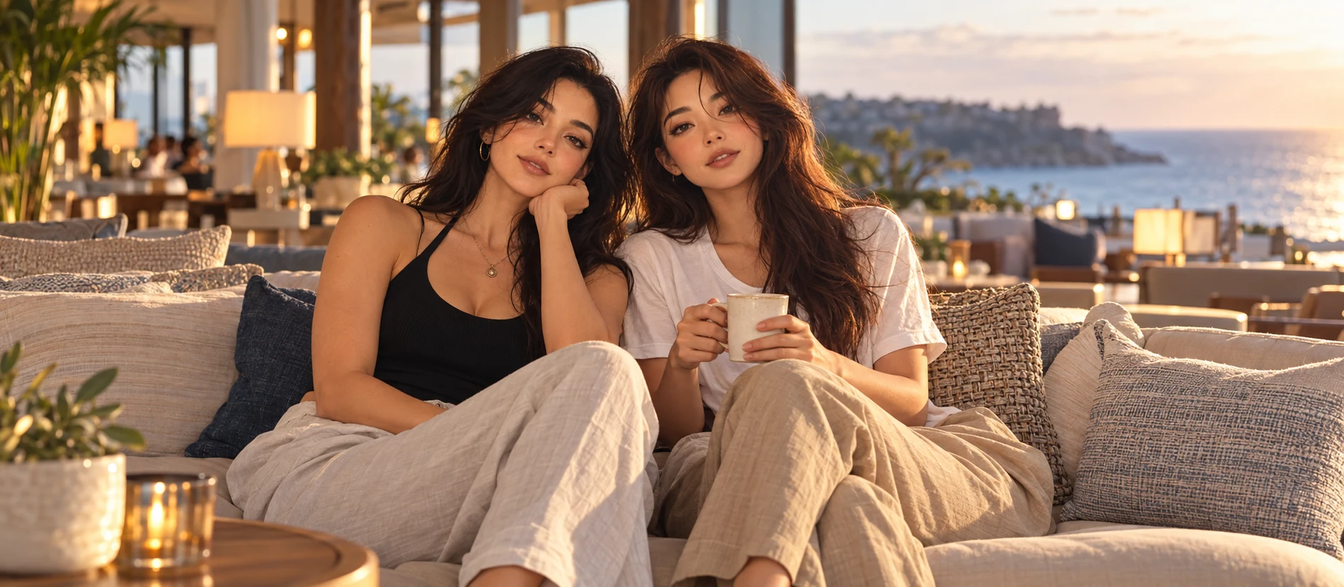 Two adult women relaxing in a coastal resort lounge